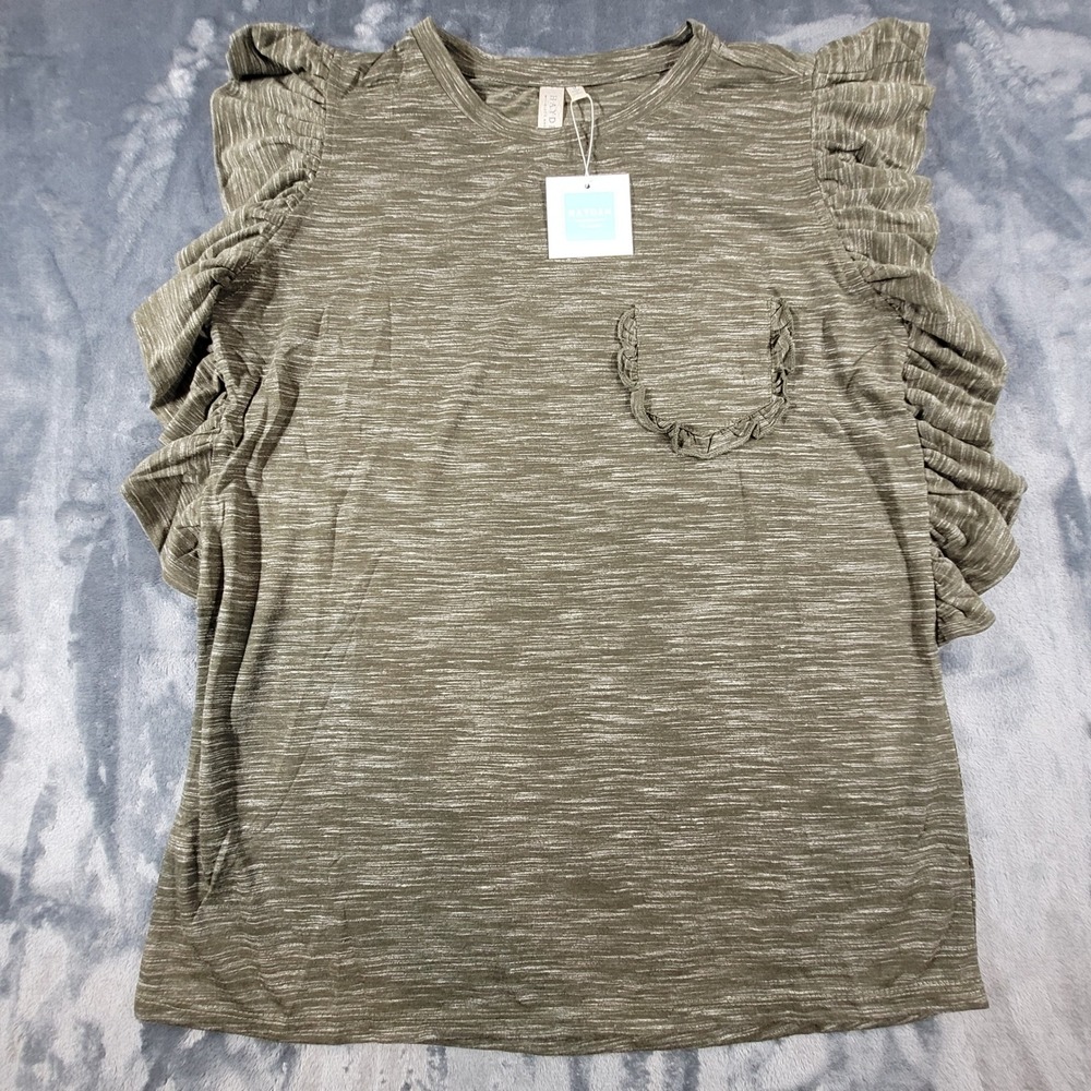 Hayden Los Angeles Olive Green Space Dye Ruffle Sleeve Pocket Top H7967 Womens M